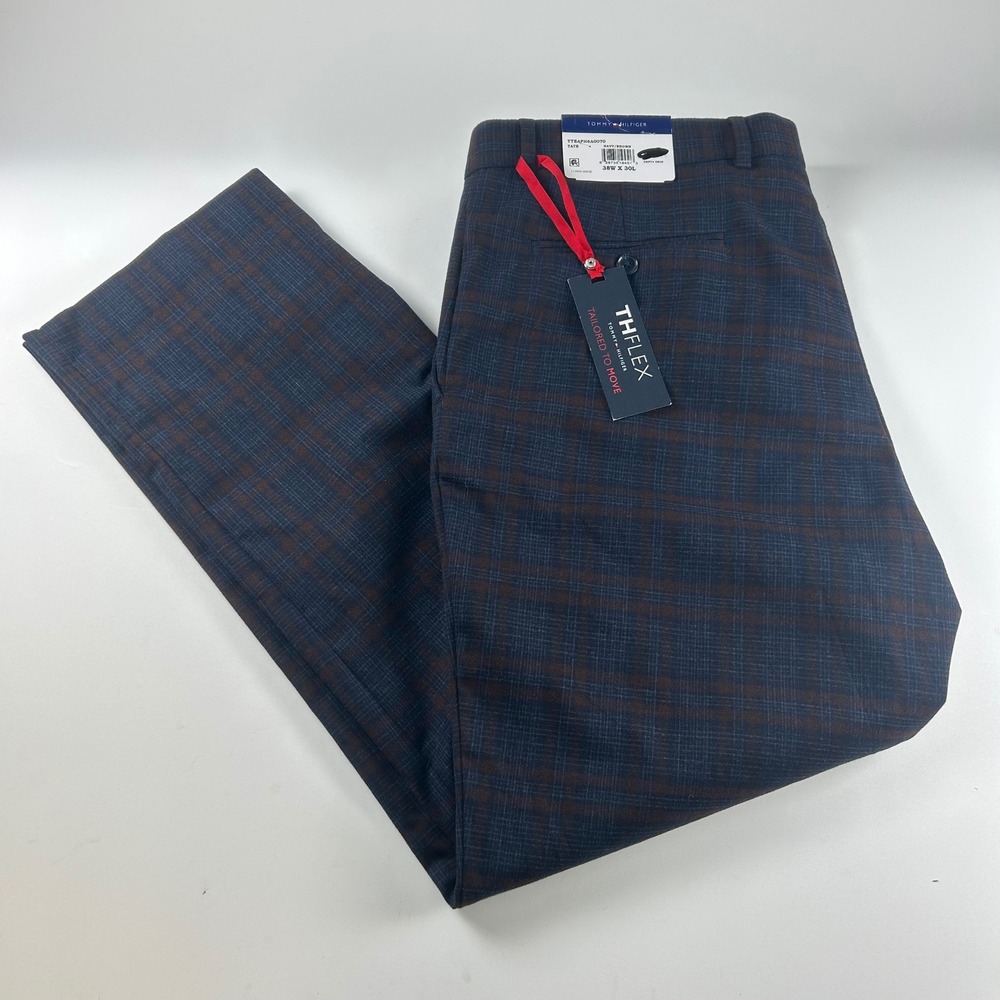 Tommy Hilfiger Men's 38x30 NEW Stretch THFlex Tate Navy Brown Plaid Dress Pants